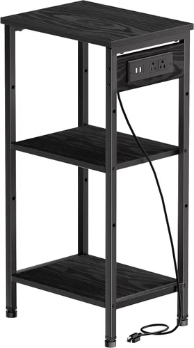 Asgolion - Mesita alta con estación de carga, mesa auxiliar estrecha de 3 niveles con almacenamiento, mesa de noche delgada con puertos USB y tomas
