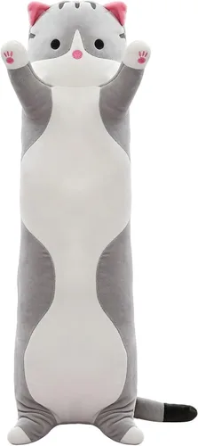 Bonita almohada de cuerpo largo de felpa de gato, suave muñeca de peluche de dibujos animados, almohada de peluche de gato kawaii, regalo para Gris