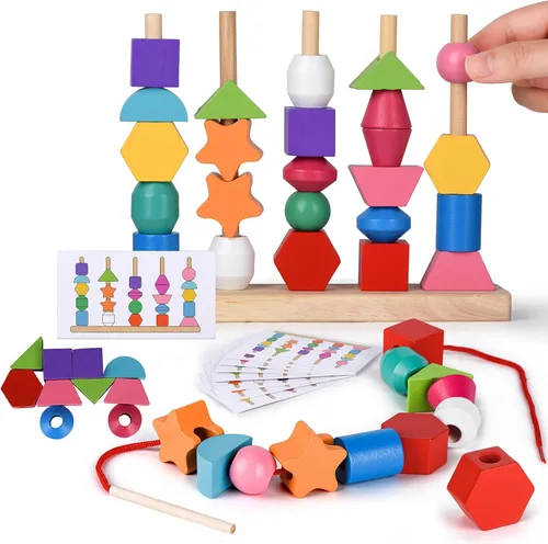 Montessori - Juego de juguetes de secuenciación de cuentas, bloques apilables de madera y cuentas de cordones y apilador de colores de formas a