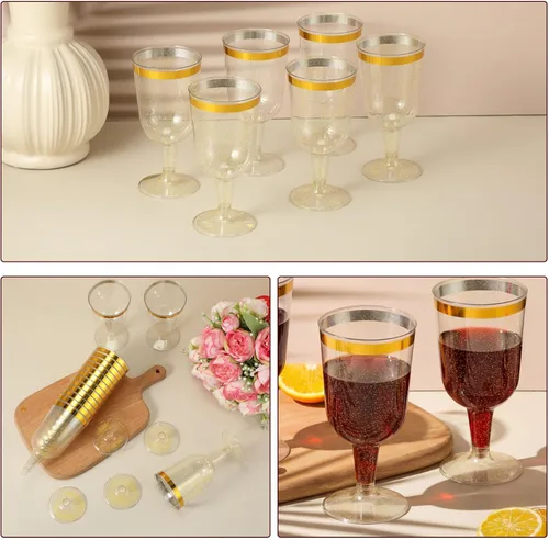 Miniatura 4 de CHENGU 100 copas de vino de plástico de 7 onzas con borde dorado con base extraíble para bodas, fiestas, cumpleaños, aniversario, brindis de champán
