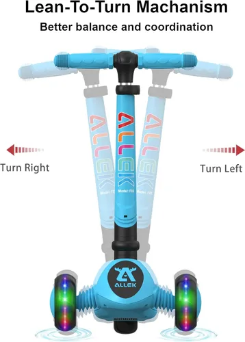 Miniatura 6 de Allek - Patinete plegable F02, patín de 3 ruedas con luces LED intermitentes y 4 alturas ajustables con cubierta antideslizante gruesa para niños