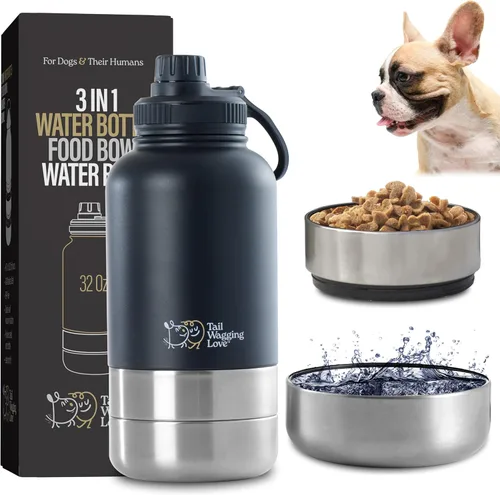 Miniatura 10 de Botella de agua de viaje 3 en 1 de 32 onzas para perros y seres humanos, doble uso, acero inoxidable, mantiene el agua caliente 6 horas/fría 12