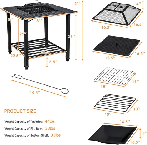 Miniatura 7 de Giantex Pozo de fuego de leña 4 en 1, mesa cuadrada con cubierta de malla, tapa extraíble, rejilla de cocina, rejilla de troncos y póquer de fuego