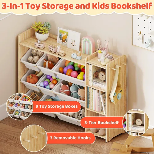 Miniatura 3 de DOREROOM Organizador de almacenamiento de juguetes con estantería, almacenamiento de juguetes para niños y organizadores con 3 estantes, 9