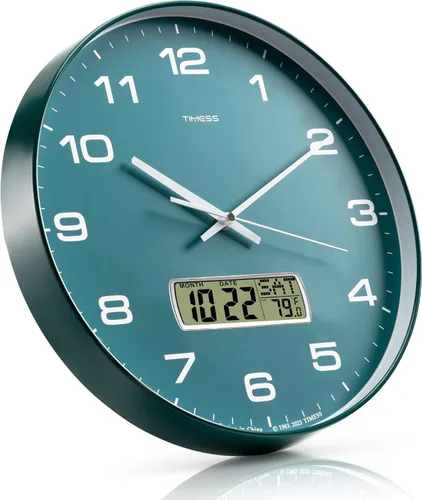 Miniatura 2 de Reloj de pared TIMESS, de 14" con gran esfera silenciosa y sin tictac, funciona con pilas, analógico con pantalla LCD para calendario perpetuo