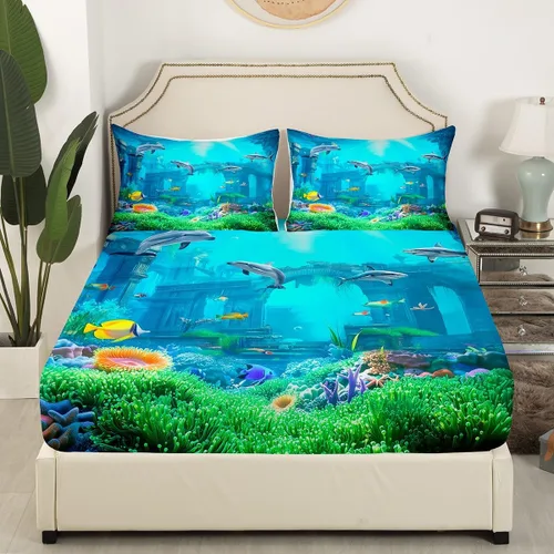 Miniatura 3 de Erosebridal Juego de sábanas 3D de mundo submarino con diseño de peces de playa, azul mar, tamaño individual, sábana bajera ajustable con diseño
