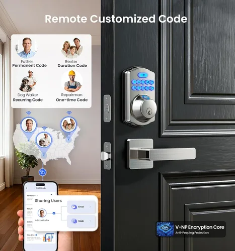Miniatura 6 de Veise VE012W-L - Cerradura inteligente de huellas dactilares Wi-Fi integrada con juego de manija de palanca, control remoto de aplicación, entrada