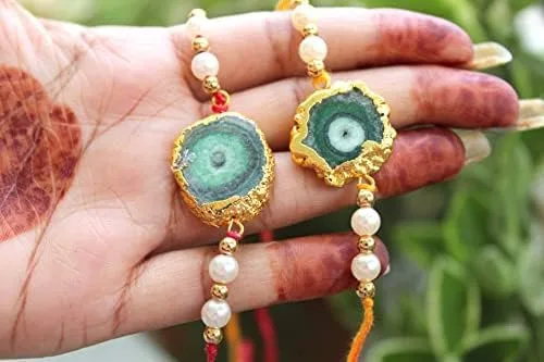 Miniatura 6 de HiJet Rakhi-Hijet - Paquete de 2 pulseras de hilo para hermano/Bhai On Rakshabandhan para protecciones y bendiciones, tamaño libre, Gema, Ágata