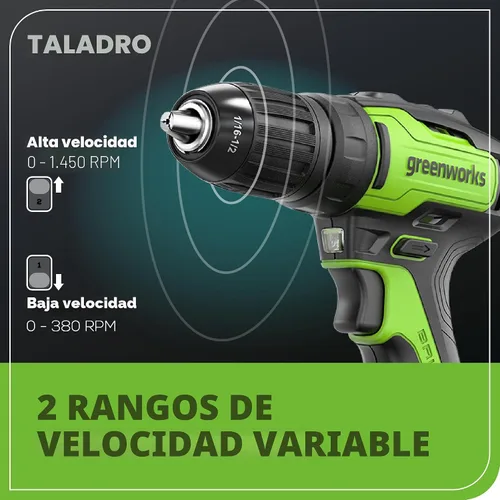 Miniatura 7 de Greenworks Kit de taladro inalámbrico sin escobillas de 24 V, 310 pulgadas/libras, embrague de 18+1 posición, portabrocas sin llave de 1/2 pulgada