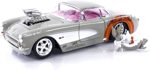 Jada Looney Tunes 1:24 1957 Chevrolet Corvette - Coche fundido a presión y figura de Bugs Bunny de 7 cm, juguetes para niños y adultos Gris