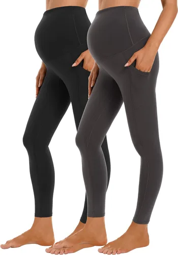 Foucome Leggings de maternidad para mujer con bolsillos sobre el vientre, leggings de entrenamiento para yoga, pantalones de trabajo activo