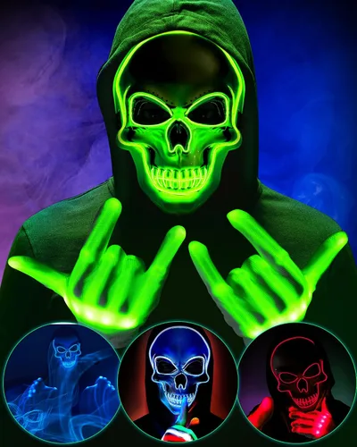 Miniatura 10 de Sumind Máscara LED de Halloween, esqueleto LED aterrador, hacker de purga que brilla en la oscuridad, para fiesta de disfraces de Halloween (rosa)