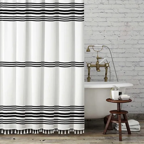 Seasonwood Cortinas de ducha extralargas con borlas modernas en blanco y negro, impermeables, 72 x 96 pulgadas