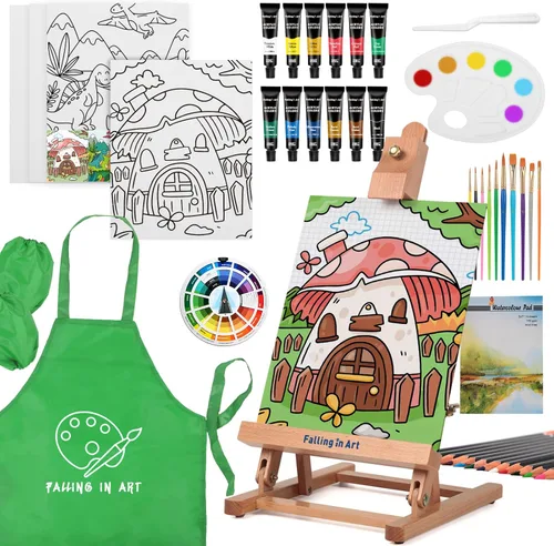 Miniatura 13 de Falling in Art Juego de pintura para niños con caballete de mesa, kit de inicio de pintura acrílica con bata de arte, pinturas acrílicas, lápices