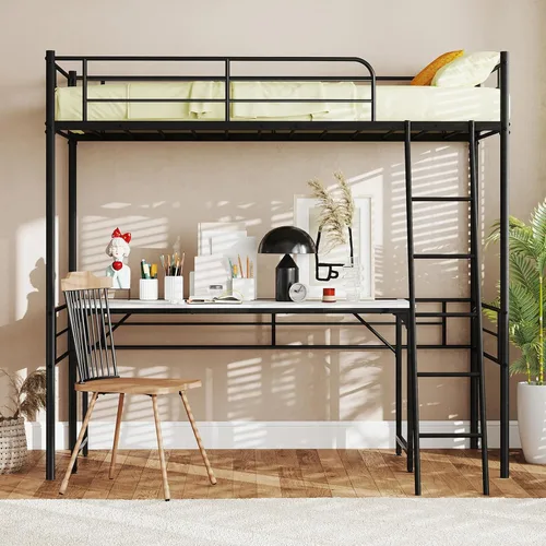 Miniatura 4 de KOMFOTT Cama tipo loft de metal tamaño individual, base de cama alta con escalera, barandilla de seguridad, litera loft que ahorra espacio