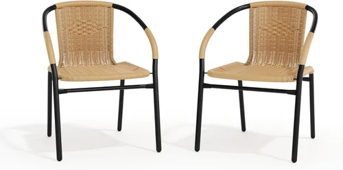 Miniatura 12 de Flash Furniture Lila Paquete de 2 Sillas Apilables de Ratán Beige para Restaurante Interior-Exterior