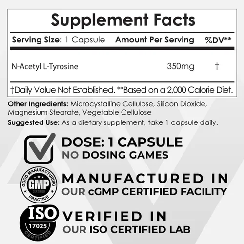 Miniatura 2 de Nootropics Depot Cápsulas de N-acetil L-tirosina 350 mg 120 unidades NALT Suplemento de aminoácidos Suplemento natural Apoya la memoria