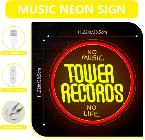 Miniatura 2 de Tower Records - Letrero de neón con música retro para decoración de pared, letreros LED para tienda de CD, dormitorio, arte de pared de neón rojo