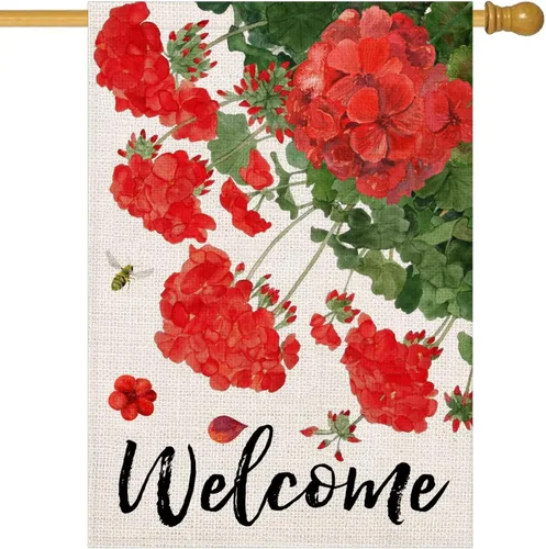 Miniatura 8 de Bandera de geranio para casa de primavera y verano, arpillera de doble cara, abejas florales rojas con cita para el hogar, bandera decorativa