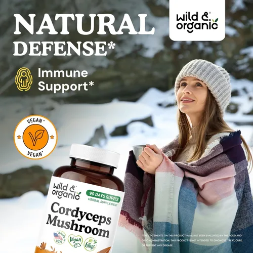 Miniatura 2 de Wild & Organic Cordyceps Cápsulas de 1200 mg - Apoyo inmunológico - Suplemento en polvo de hongos Cordyceps - Extracto de micelio puro - Vegano, sin