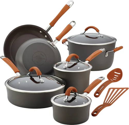 Miniatura 2 de Rachael Ray Cucina - Juego de ollas y sartenes antiadherentes anodizadas duras aptas para lavavajillas, 12 piezas, gris & Yum-o! Horno Lovin' sartén