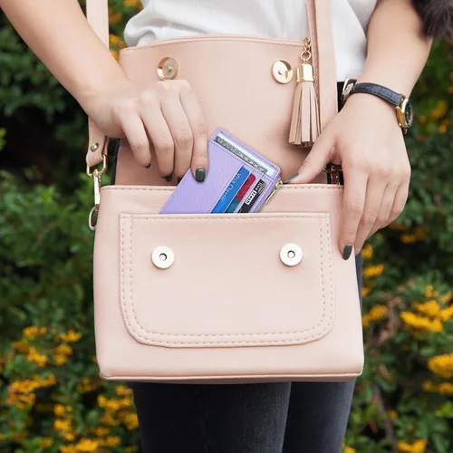 Miniatura 9 de Sodsay Estuche para tarjetas, cartera delgada con bolsillo frontal, para mujer, sujetatarjetas con llavero