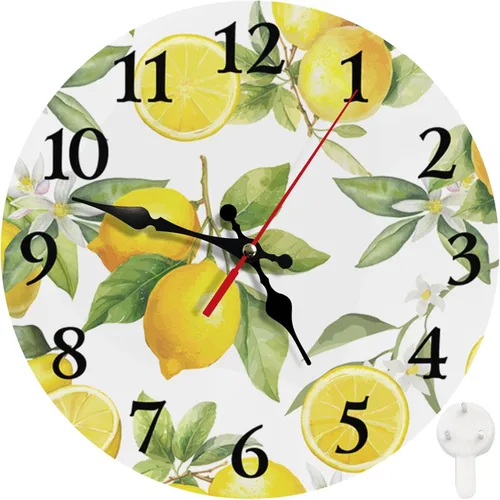 Britimes Reloj de pared redondo silencioso sin tictac, funciona con pilas, 10 pulgadas, decoración del hogar de limón de verano para sala de estar,