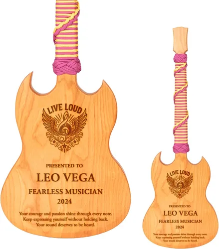 Miniatura 9 de Premio personalizado de guitarra Cherrywood, placa grabada personalizada con mango de paracaídas azul, 23 x 8 pulgadas Regalo para músicos