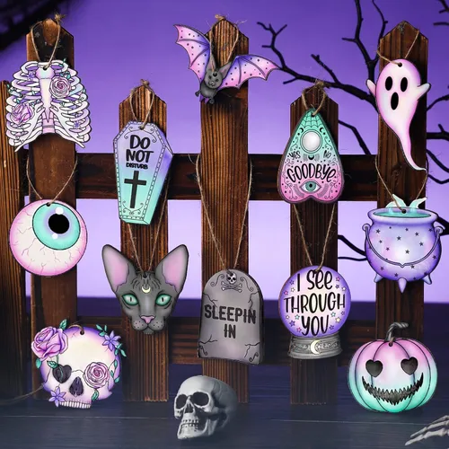 Miniatura 4 de Maitys 36 piezas de adornos de Navidad góticos, adornos de árbol de Navidad de madera espeluznantes de terror, fantasmas morados y rosas, gato