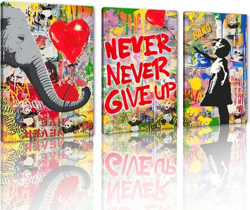 Miniatura 118 de 3 Piezas de Arte de Pared Banksy en Lienzo, Póster de Graffiti, Decoración de Pared con Citas Inspiradoras, Nunca Te Rindas, Obras de Arte para Sala