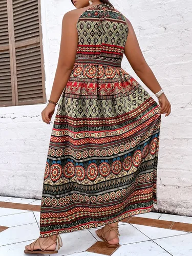 Miniatura 2 de MakeMeChic Vestido largo bohemio con lazo en la espalda, sin mangas, cintura alta, línea A, con cinturón