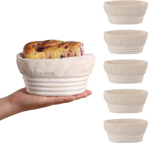 Juego de 6 mini cestas Banneton para pan, 6.7 x 4.7 x 3 pulgadas, cesta ovalada de masa madre con forro profesional y suministros para hornear pan