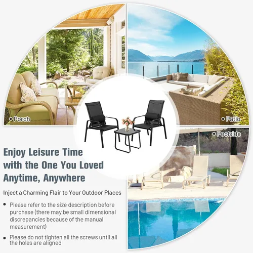 Miniatura 9 de Tangkula Juego de 3 piezas de bistró para exteriores, sillas apilables para patio con respaldo ajustable y plegable, reposacabezas extraíble y mesa
