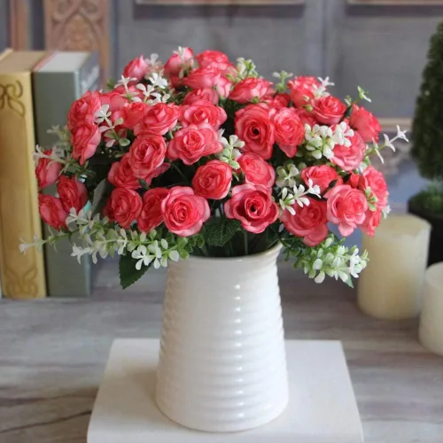 Miniatura 6 de Flor artificial de gama alta 5 tenedor 15 mini rosas decoración del hogar