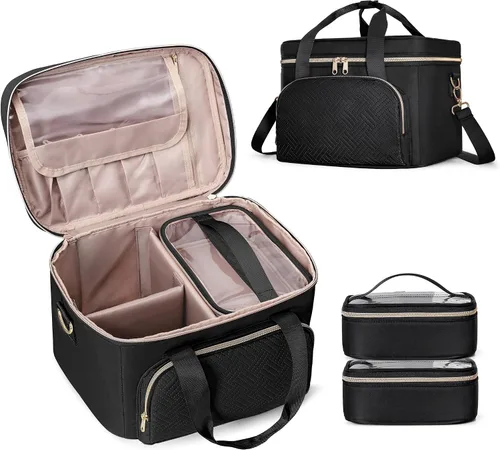 Bolsa de maquillaje de viaje con 2 bolsas y divisores ajustables, estuche organizador de maquillaje grande para mujeres, se adapta a botellas Negro