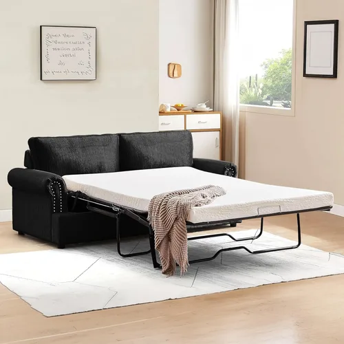 Miniatura 3 de Sofá cama reversible con cómodo colchón de espuma viscoelástica, sofá extraíble de pana convertible de tamaño matrimonial para sala de estar, Negro