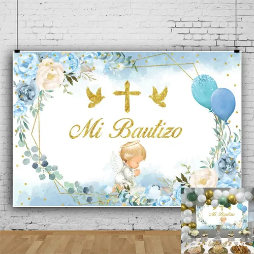 Mi Bautizo - Telón de fondo de bautismo de 7 x 5 pies, decoración de bautizo para la primera comunión, flor azul, lindo ángel Dios bendiga fondo