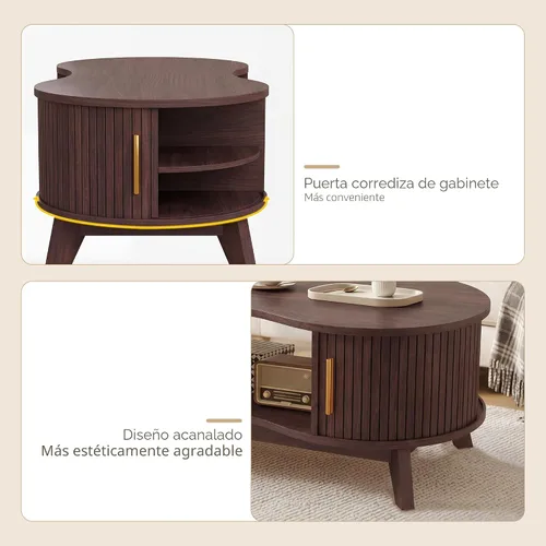Miniatura 5 de Mesa auxiliar, mesa auxiliar ovalada doble con armario de almacenamiento y puerta corrediza de tambor, estante de almacenamiento abierto de 2 Natural