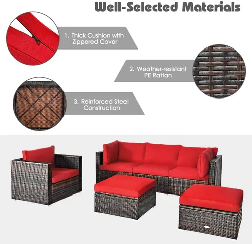 Miniatura 8 de HAPPYGRILL Juego de muebles de mimbre de ratán para exteriores, juego de sofá modular de mimbre con cojines suaves, mesa de café, otomana para patio
