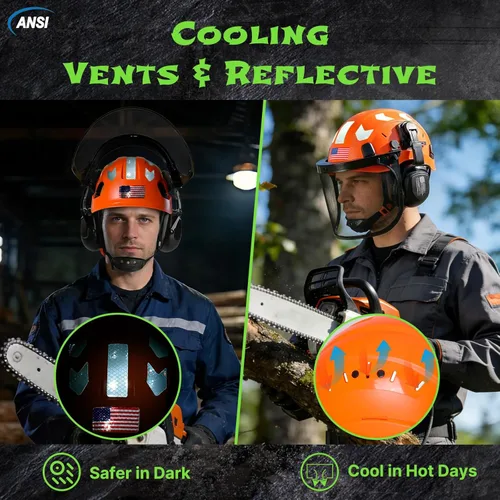 Miniatura 5 de Aolamegs Casco de motosierra con protector facial y orejeras, casco forestal naranja con protección auditiva y máscara de malla completa, casco