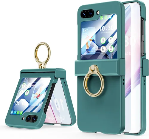 Funda compatible con Galaxy Z Flip 5 (protector de pantalla trasera incorporado) con protección de bisagra y soporte de anillo, funda protectora