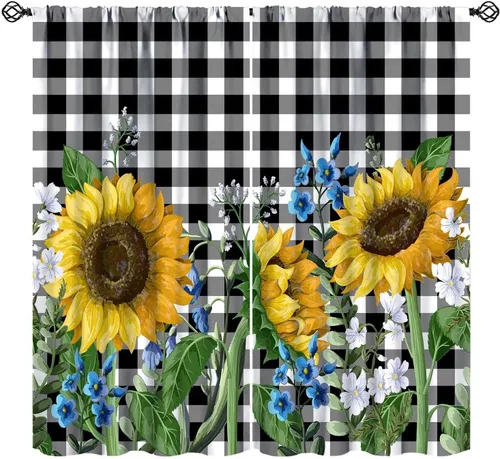 Miniatura 15 de Cortinas opacas con diseño de girasol, rústico, con diseño de girasol, mariposa, verde, amarillo, negro, para niñas, mujeres, dormitorio, sala