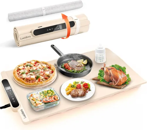 Tapete de calentamiento de alimentos, calentador eléctrico enrollable de alimentos, 10 niveles de temperatura y temporizador de 10 horas, bandeja de