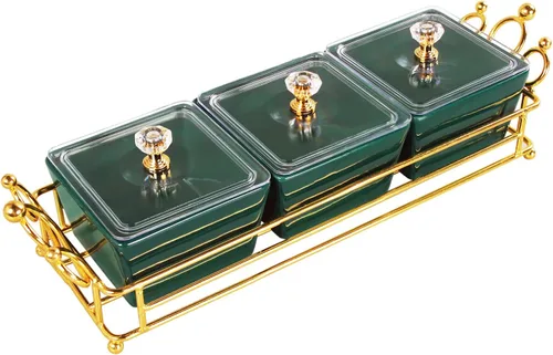 Miniatura 10 de YA JU Cuencos de cerámica y con tapa, bandejas doradas, 6 cuencos pequeños extraíbles, bandejas para condimentos, juego de frutos secos, para Blanco