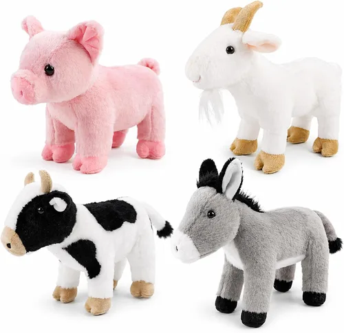 Juego de 4 animales de peluche de granja de 8 pulgadas – cerdo, cabra, vaca y burro, juguetes ultrasuaves y lavables para niños, adorable decoración