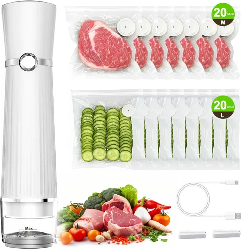 Sellador al vacío para alimentos (máquina compacta selladora al vacío + 40 bolsas de vacío reutilizables), potente sellador al vacío portátil de 80