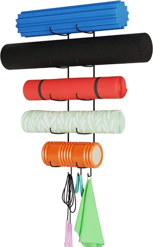 Miniatura 10 de Wallniture Guru - Rodillo de espuma y toallero de pared con 3 ganchos para colgar correa de yoga y bandas de resistencia, metal de 3 secciones Negro