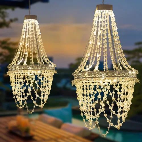 Miniatura 6 de Candelabro solar de cristal acrílico colgante para exteriores, luces decorativas para jardín, potente batería de litio, 54 LED cálidos, fácil