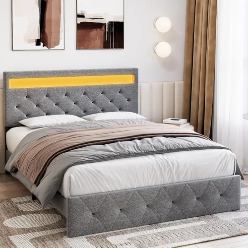 Miniatura 6 de Base de cama matrimonial con cabecera de luces LED, marco de cama LED con puerto USB de carga rápida, marco de cama tapizado de plataforma,