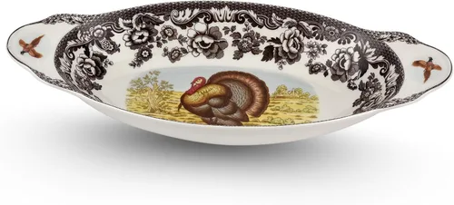 Spode Woodland Bandeja de pan de pavo, plato de porcelana fina, borde floral con motivo de vida silvestre, horno a mesa, redonda de 15.27 x 7